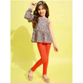 Girl's Polyester Floral One Shoulder Jeggings Set (Grey-Orange)