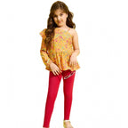 Girl's Polyester Floral One Shoulder Jeggings Set (Yellow-Red)