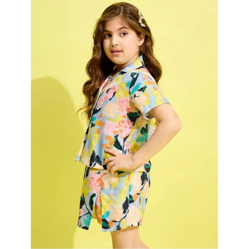 Girl's Polyester Cotton Blend Pattern-Floral Short Sleeves Skorts Set (Blue-Multicolor)