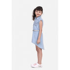 Girl's Denim Hi Lo Short Sleeve Dress with Belt (Blue)