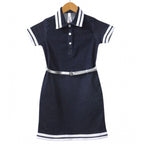 Girl's Denim Lycra Ribbed Elasticated Dress with Belt (Navy Blue-White)