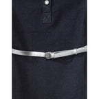 Girl's Denim Lycra Ribbed Elasticated Dress with Belt (Navy Blue-White)