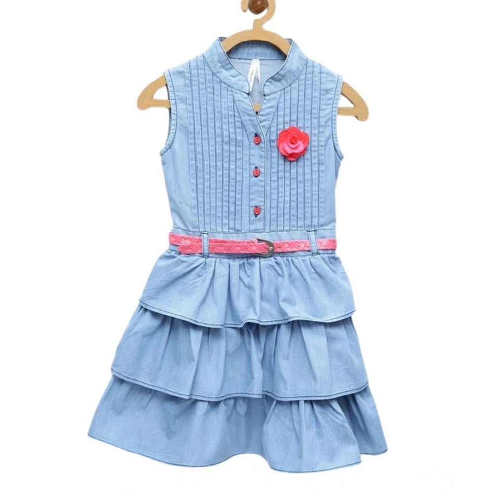 Girl's Denim Embellished Sleeveless Dress with Belt (Light Blue)