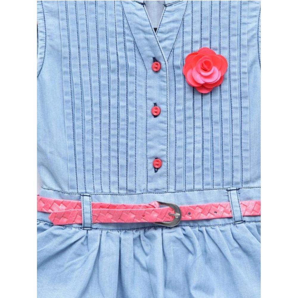 Girl's Denim Embellished Sleeveless Dress with Belt (Light Blue)