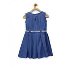 Girl's Denim Embellished Sleeveless Dress with Belt (Blue)