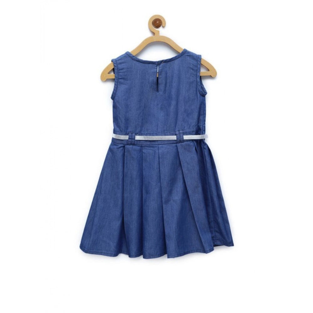 Girl's Denim Embellished Sleeveless Dress with Belt (Blue)