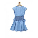Girl's Denim Embellished Cap Sleeve bow Dress (Light Blue)