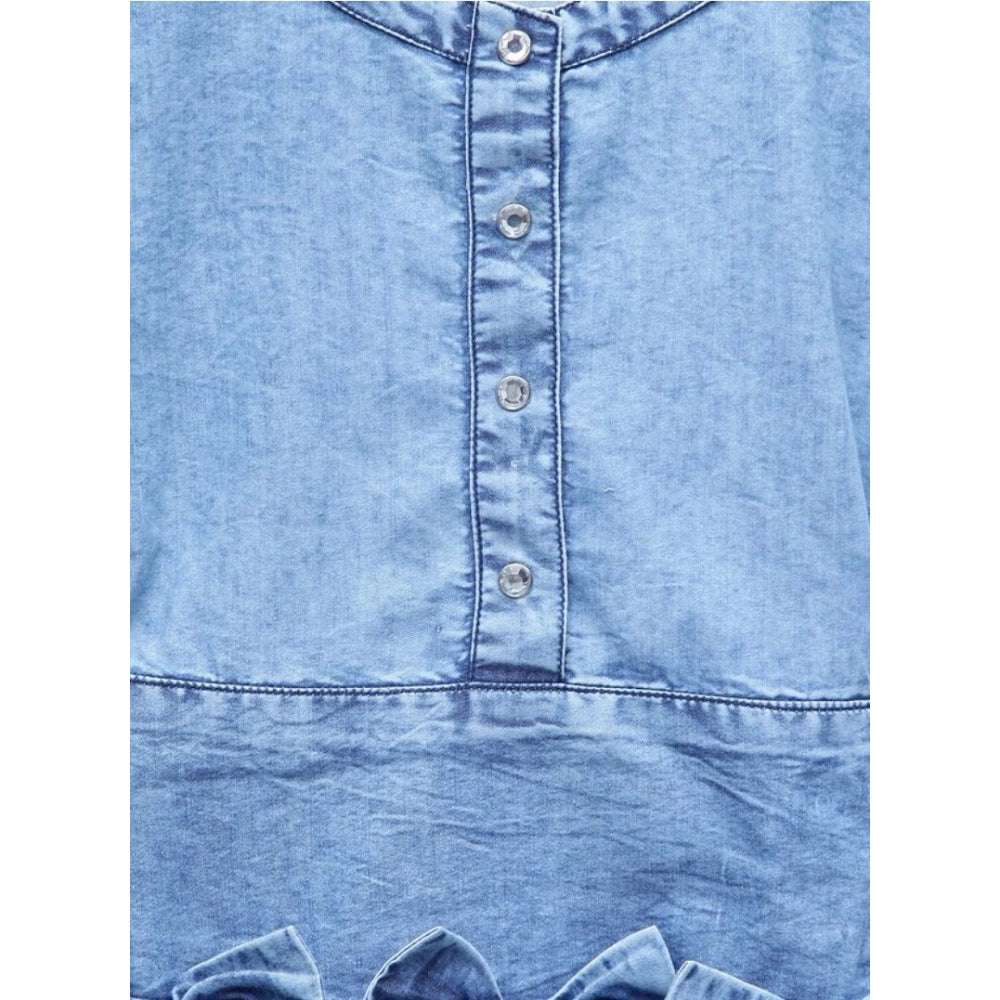 Girl's Denim Embellished Cap Sleeve bow Dress (Light Blue)