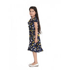 Girl's Polyester Crepe Polka Cold Shoulder Dress (Navy Blue)