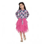 Girl's Polyster Crepe Lace Inserts Long Sleeves Dress (Pink-Blue)