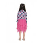 Girl's Polyster Crepe Lace Inserts Long Sleeves Dress (Pink-Blue)