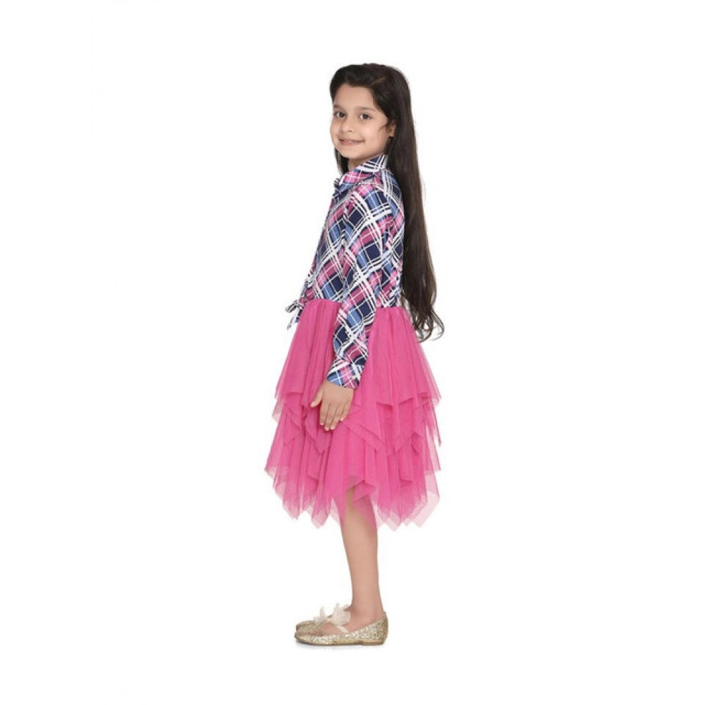 Girl's Polyster Crepe Lace Inserts Long Sleeves Dress (Pink-Blue)