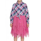 Girl's Polyster Crepe Lace Inserts Long Sleeves Dress (Pink-Blue)