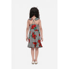 Girl's Polyester Crepe Floral Shoulder Straps Dress (Red)