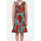 Girl's Polyester Crepe Floral Shoulder Straps Dress (Red)