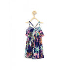 Girl's Rayon Printed Shoulder Straps Dress (Navy Blue)