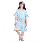 Girl's Polyester Crepe Floral Bell Sleeve Dress (Turquoise Blue)
