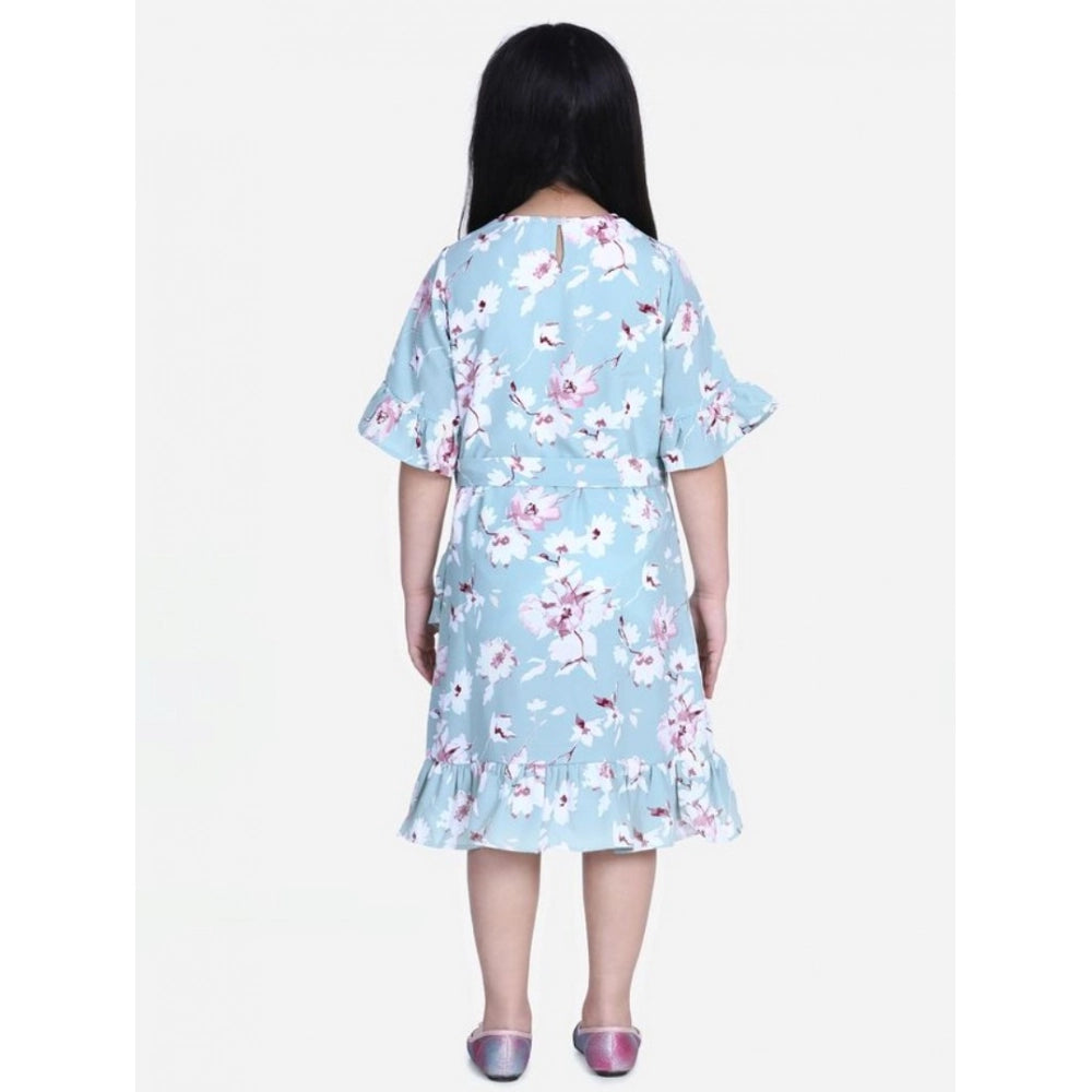 Girl's Polyester Crepe Floral Bell Sleeve Dress (Turquoise Blue)