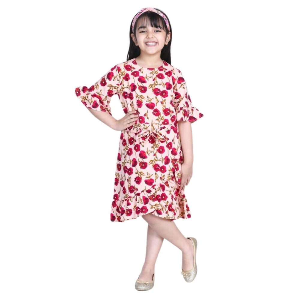 Girl's Polyester Crepe Floral Bell Sleeve Dress (Red-Pink)