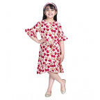 Girl's Polyester Crepe Floral Bell Sleeve Dress (Red-Pink)