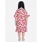 Girl's Polyester Crepe Floral Bell Sleeve Dress (Red-Pink)