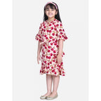 Girl's Polyester Crepe Floral Bell Sleeve Dress (Red-Pink)