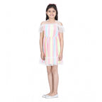 Girl's Polyester Self Design Cold Shoulder Dress (Multicolor)