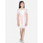 Girl's Polyester Self Design Cold Shoulder Dress (Multicolor)
