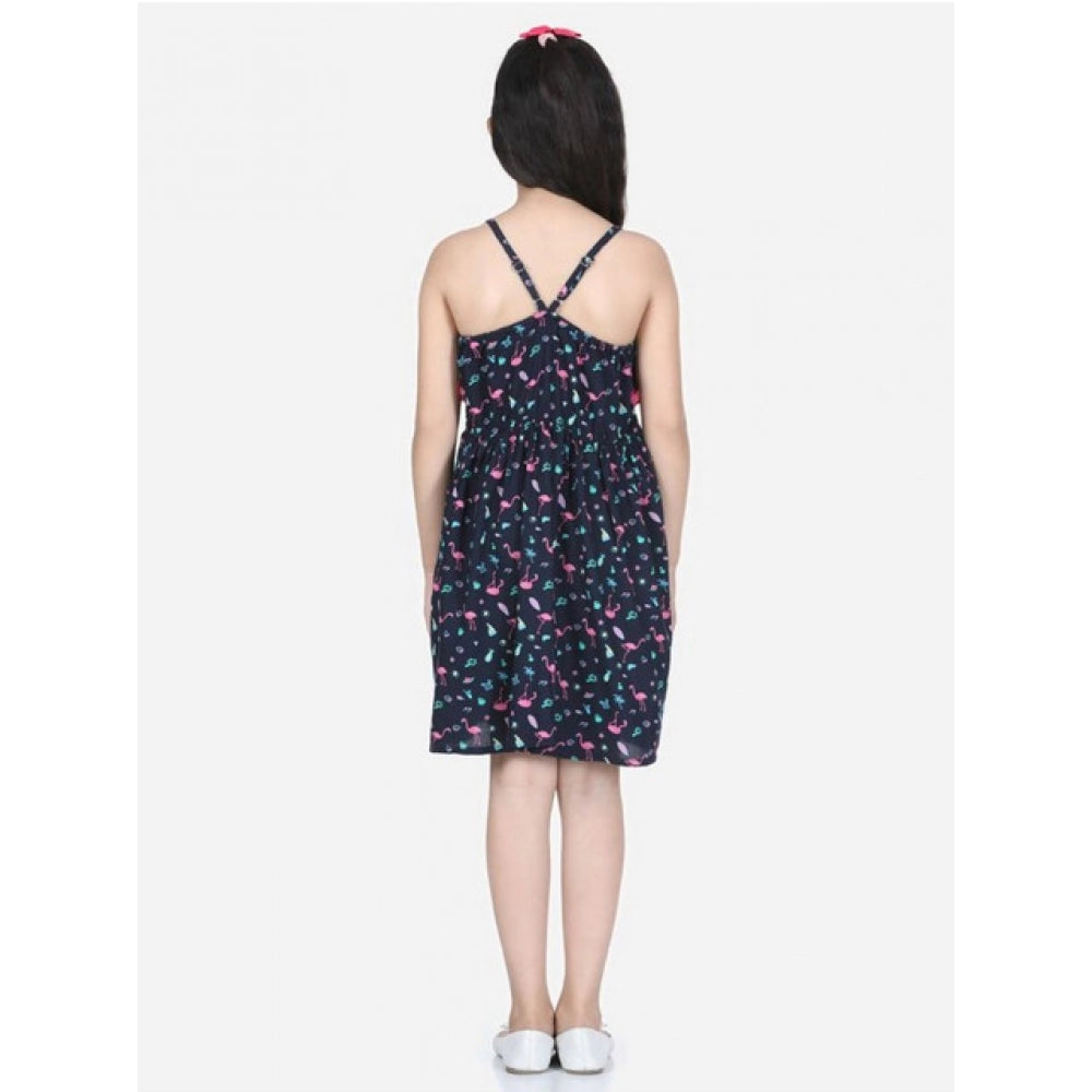 Girl's Rayon Flamingo Print Sleeveless Dress (Black)