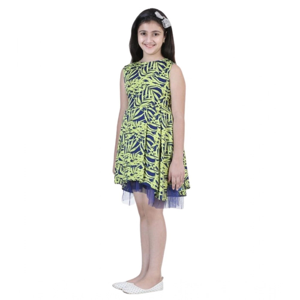 Girl's Polyester Crepe &amp; Net Printed Sleeveless Dress (Yellow-Blue)