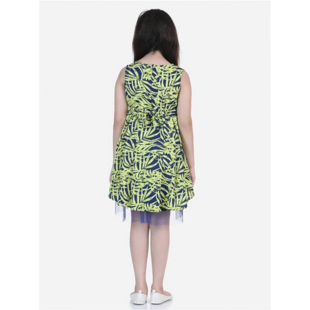 Girl's Polyester Crepe &amp; Net Printed Sleeveless Dress (Yellow-Blue)