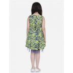 Girl's Polyester Crepe &amp; Net Printed Sleeveless Dress (Yellow-Blue)