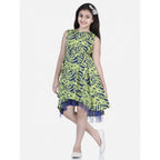 Girl's Polyester Crepe &amp; Net Printed Sleeveless Dress (Yellow-Blue)