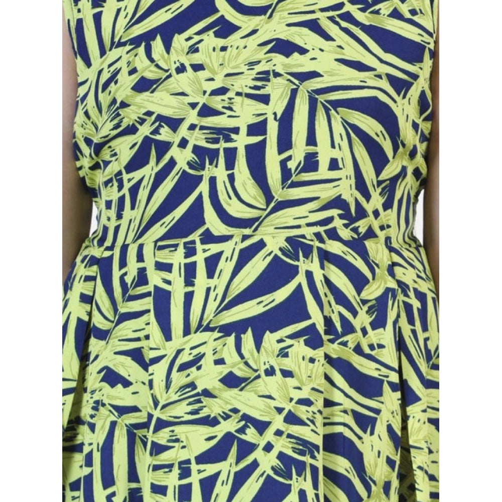 Girl's Polyester Crepe &amp; Net Printed Sleeveless Dress (Yellow-Blue)