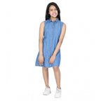Girl's Denim Solid Cold Shoulder Dress (Blue)