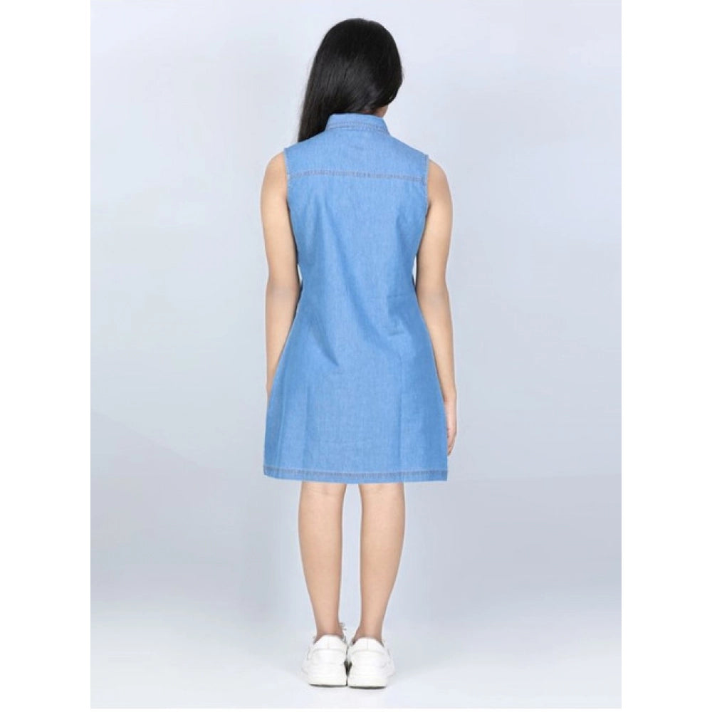 Girl's Denim Solid Cold Shoulder Dress (Blue)