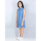 Girl's Denim Solid Cold Shoulder Dress (Blue)