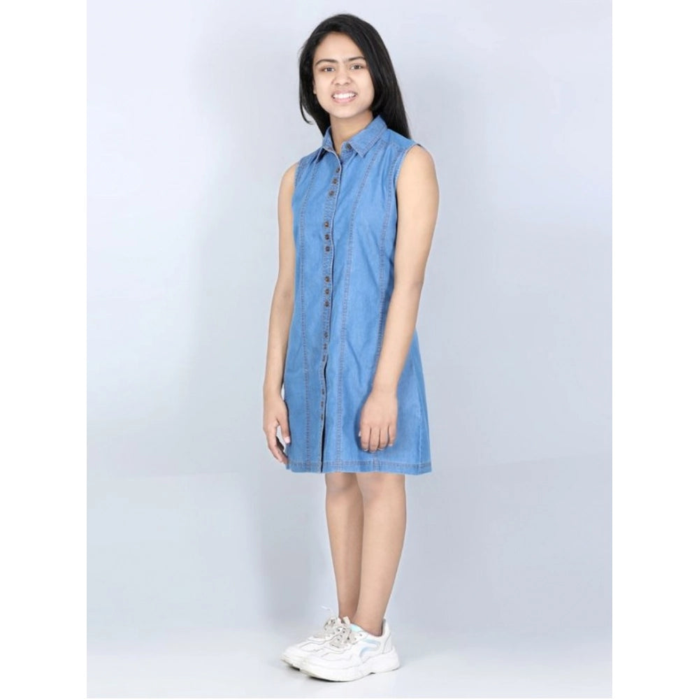 Girl's Denim Solid Cold Shoulder Dress (Blue)