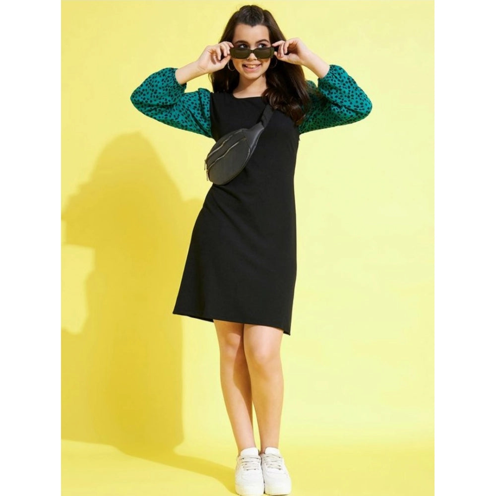 Girl's Polyester Printed Long Sleeves Dress (Black-Green)