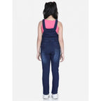 Girl's Denim Distressed Buttoned Dungaree (Blue)