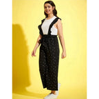 Girl's Cotton Printed Sleeveless Dungaree (Black-White)