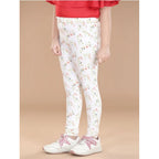Girl's Cotton Lycra Floral Elasticated Jeggings (White-Green)
