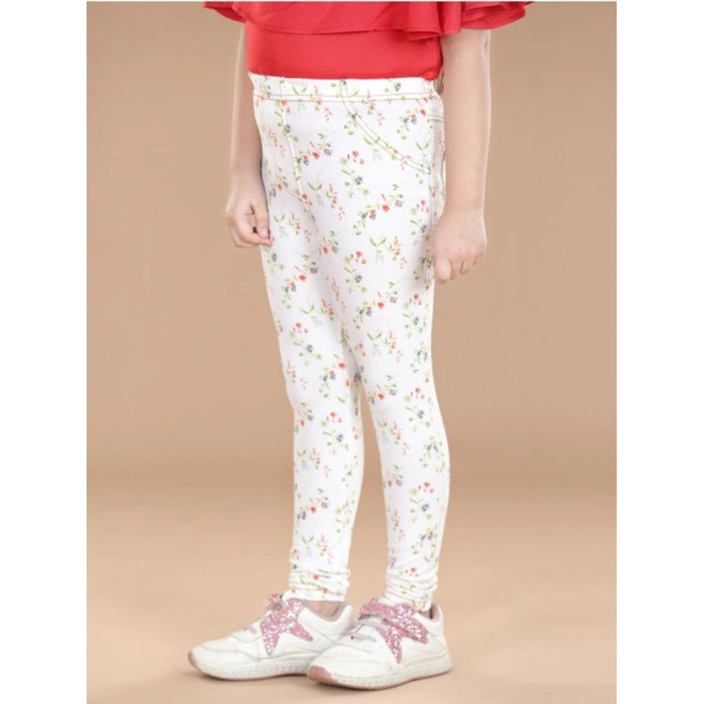 Girl's Cotton Lycra Floral Elasticated Jeggings (White-Green)
