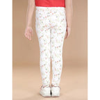 Girl's Cotton Lycra Floral Elasticated Jeggings (White-Green)