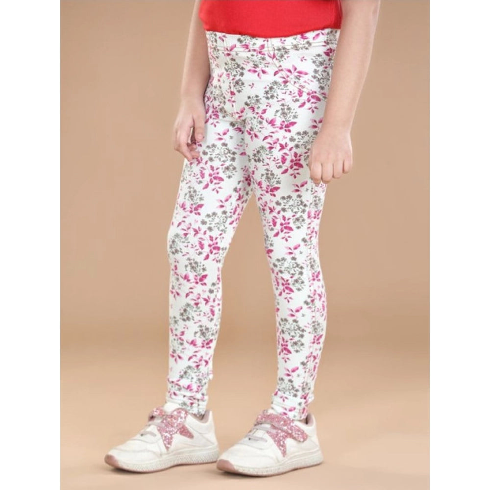 Girl's Cotton Lycra Floral Elasticated Jeggings (White-Pink)