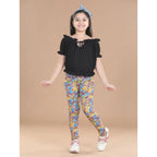 Girl's Cotton Lycra Floral Elasticated Jeggings (Multicolor)