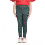 Girl's Cotton Lycra Floral Elasticated Jeggings (Bottle Green)