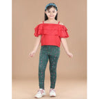 Girl's Cotton Lycra Floral Elasticated Jeggings (Bottle Green)