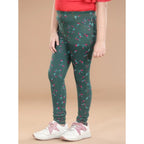 Girl's Cotton Lycra Floral Elasticated Jeggings (Bottle Green)