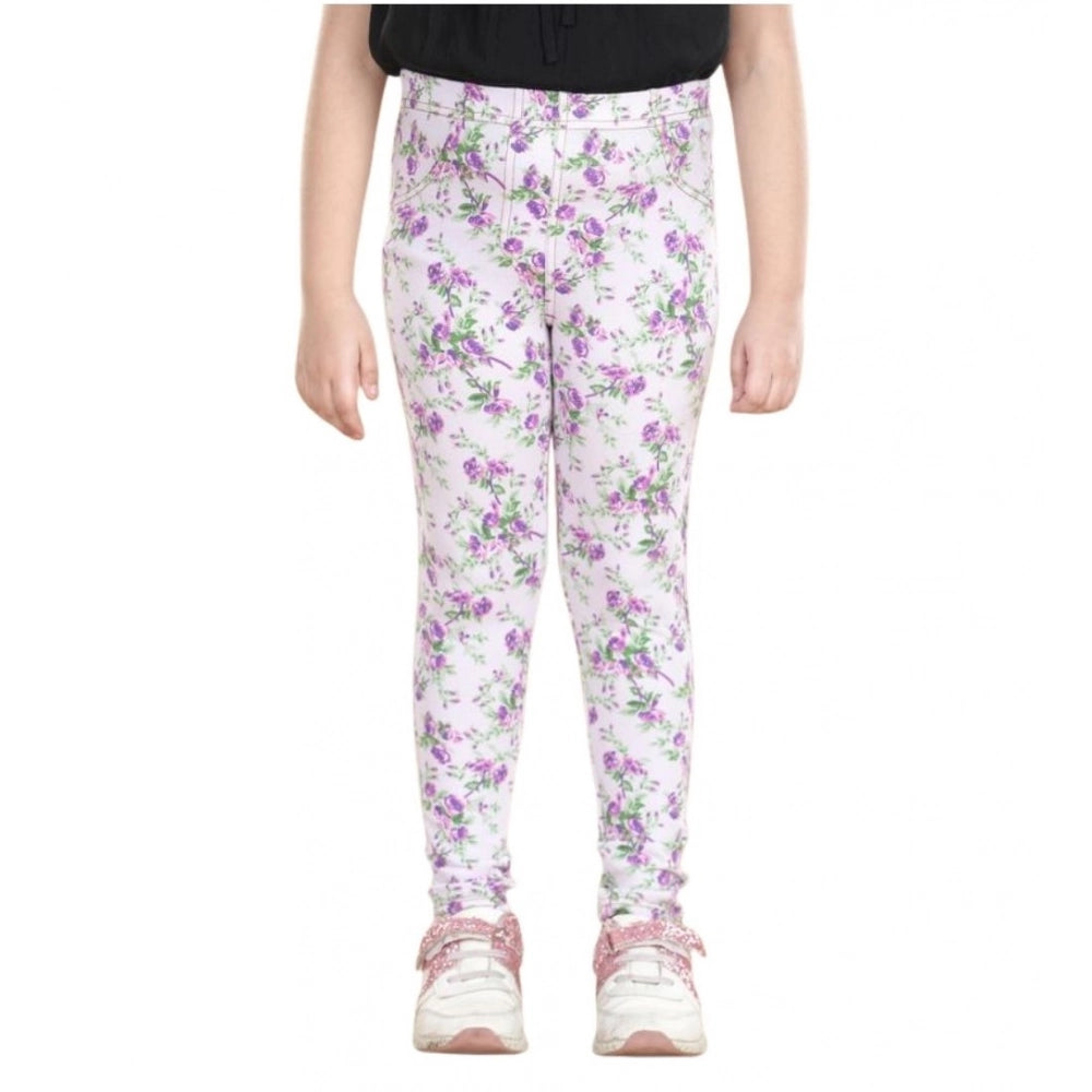 Girl's Cotton Lycra Floral Elasticated Jeggings (Lavender)